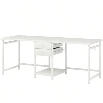 79 - Inch Two Person Computer Desk with Drawers and Storage Shelves, Long Double Workstation Table with Hooks, Industrial Writing Desk Home Office, White