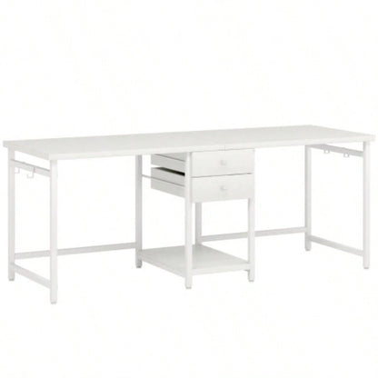 79 - Inch Two Person Computer Desk with Drawers and Storage Shelves, Long Double Workstation Table with Hooks, Industrial Writing Desk Home Office, White
