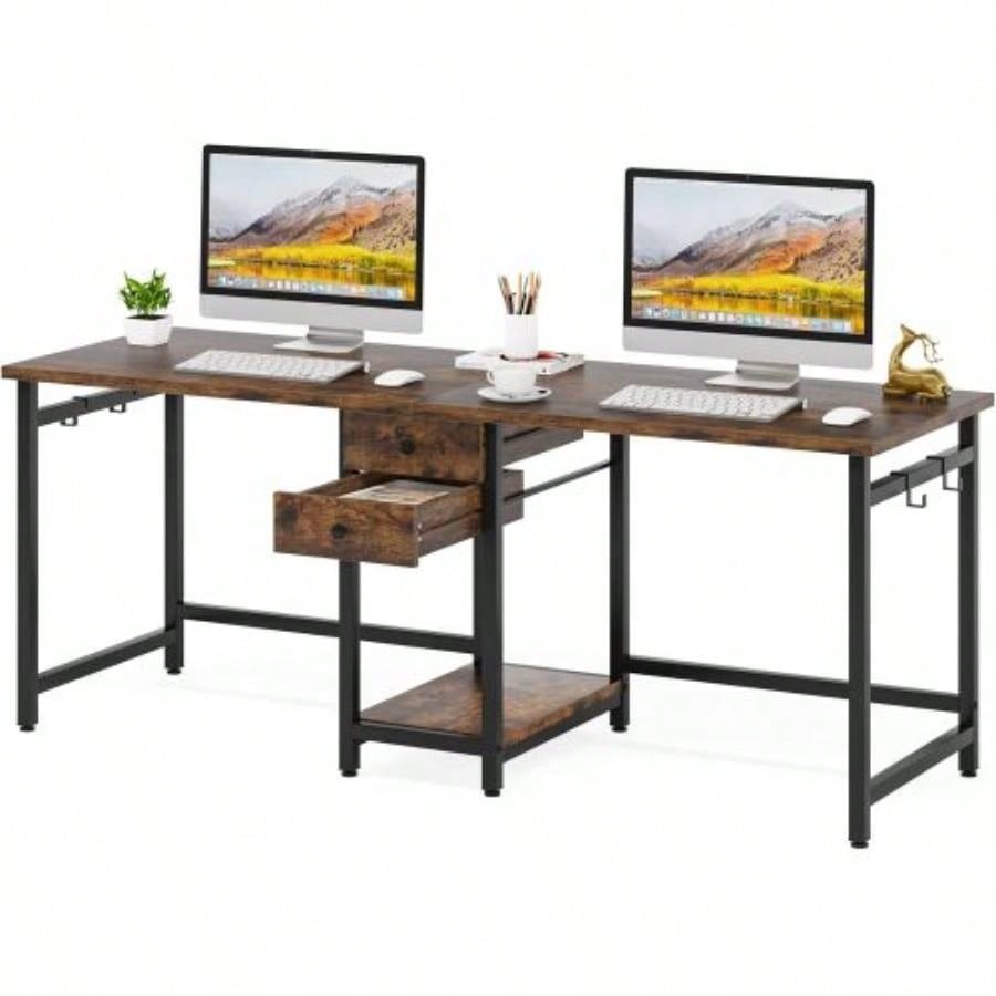79 - Inch Two Person Computer Desk with Drawers and Storage Shelves, Long Double Workstation Table with Hooks, Industrial Writing Desk Home Office, Rustic Brown