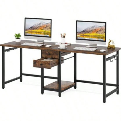79 - Inch Two Person Computer Desk with Drawers and Storage Shelves, Long Double Workstation Table with Hooks, Industrial Writing Desk Home Office, Rustic Brown