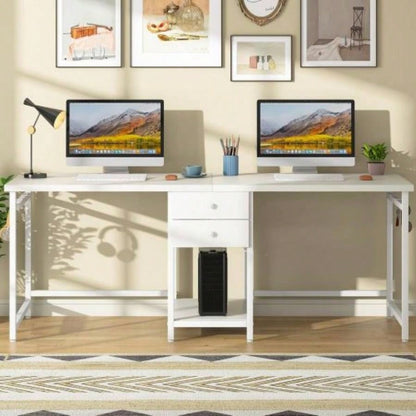79 - Inch Two Person Computer Desk with Drawers and Storage Shelves, Long Double Workstation Table with Hooks, Industrial Writing Desk Home Office, White