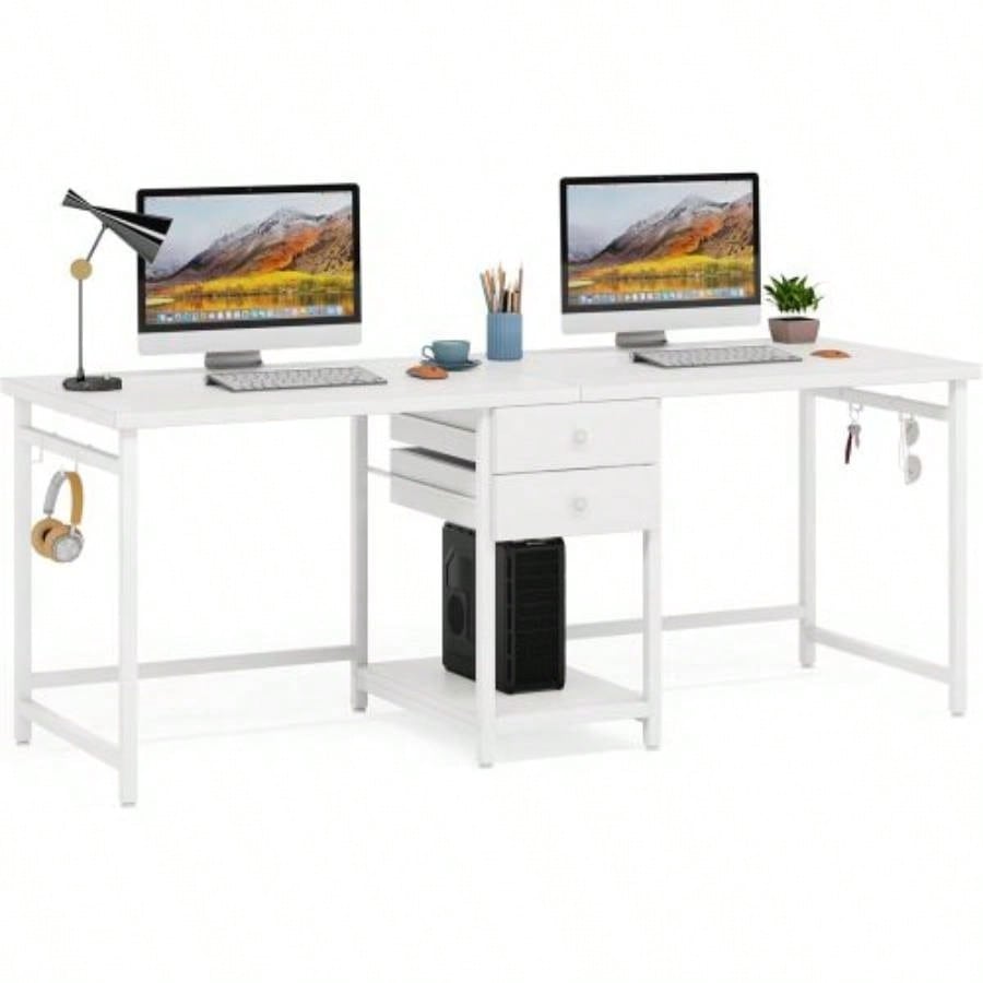 79 - Inch Two Person Computer Desk with Drawers and Storage Shelves, Long Double Workstation Table with Hooks, Industrial Writing Desk Home Office, White