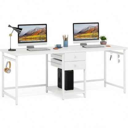 79 - Inch Two Person Computer Desk with Drawers and Storage Shelves, Long Double Workstation Table with Hooks, Industrial Writing Desk Home Office, White