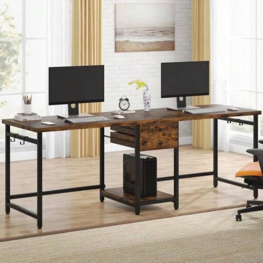 79 - Inch Two Person Computer Desk with Drawers and Storage Shelves, Long Double Workstation Table with Hooks, Industrial Writing Desk Home Office, Rustic Brown
