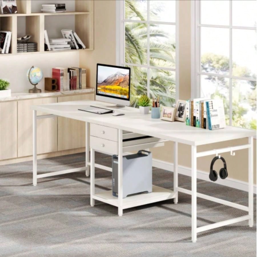 79 - Inch Two Person Computer Desk with Drawers and Storage Shelves, Long Double Workstation Table with Hooks, Industrial Writing Desk Home Office, White