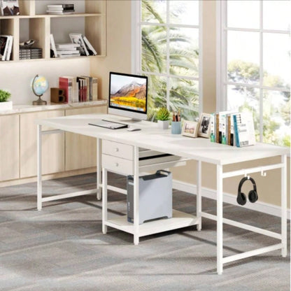 79 - Inch Two Person Computer Desk with Drawers and Storage Shelves, Long Double Workstation Table with Hooks, Industrial Writing Desk Home Office, White