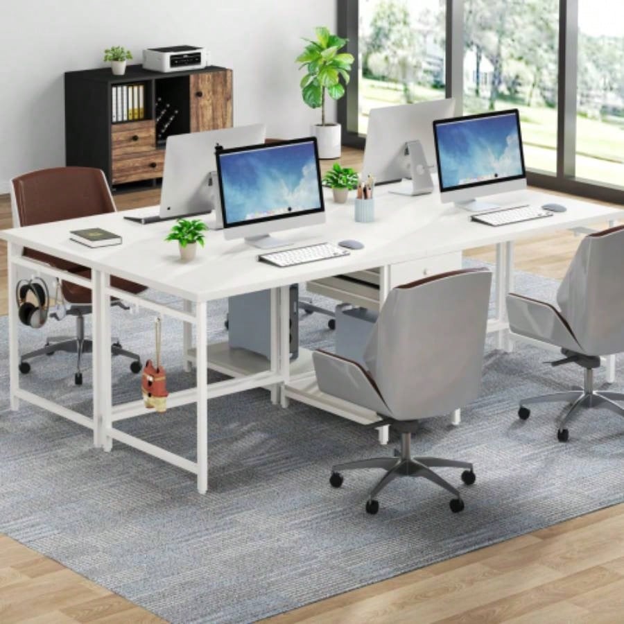 79 - Inch Two Person Computer Desk with Drawers and Storage Shelves, Long Double Workstation Table with Hooks, Industrial Writing Desk Home Office, White