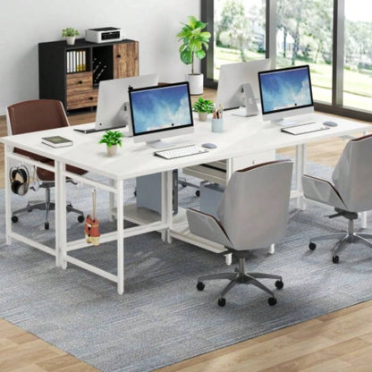 79 - Inch Two Person Computer Desk with Drawers and Storage Shelves, Long Double Workstation Table with Hooks, Industrial Writing Desk Home Office, White
