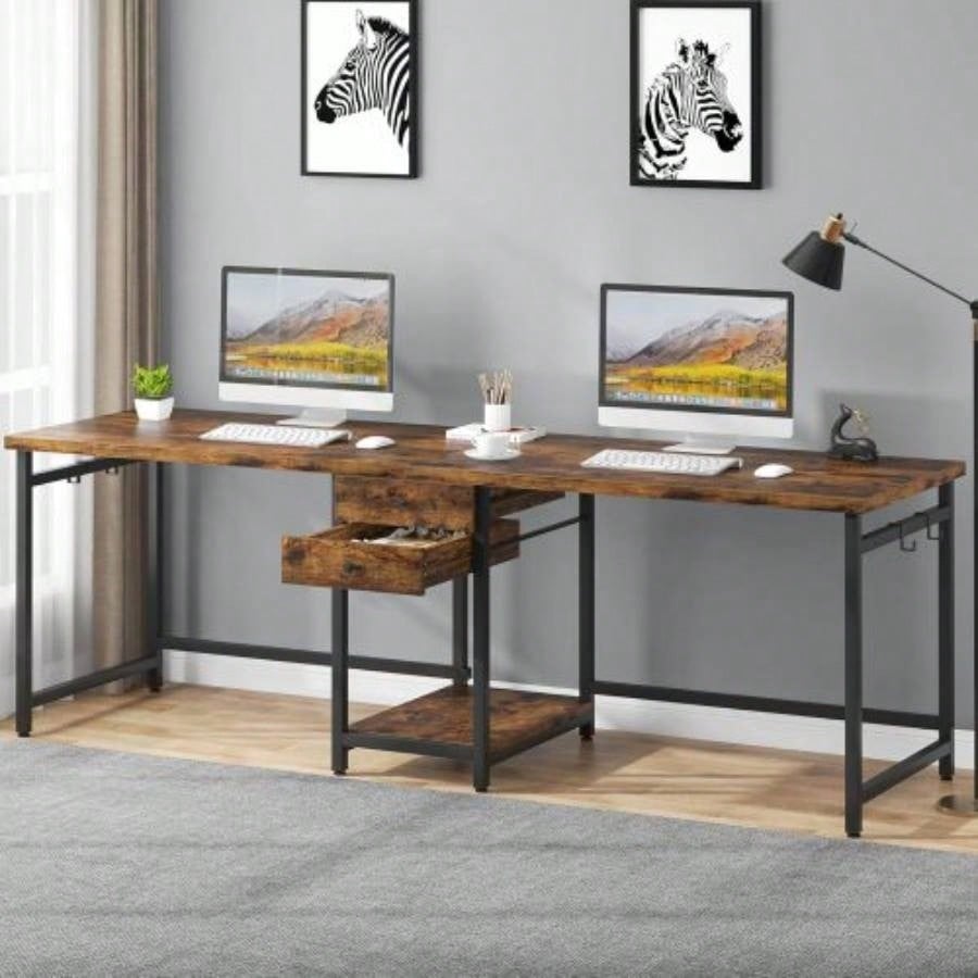 79 - Inch Two Person Computer Desk with Drawers and Storage Shelves, Long Double Workstation Table with Hooks, Industrial Writing Desk Home Office, Rustic Brown