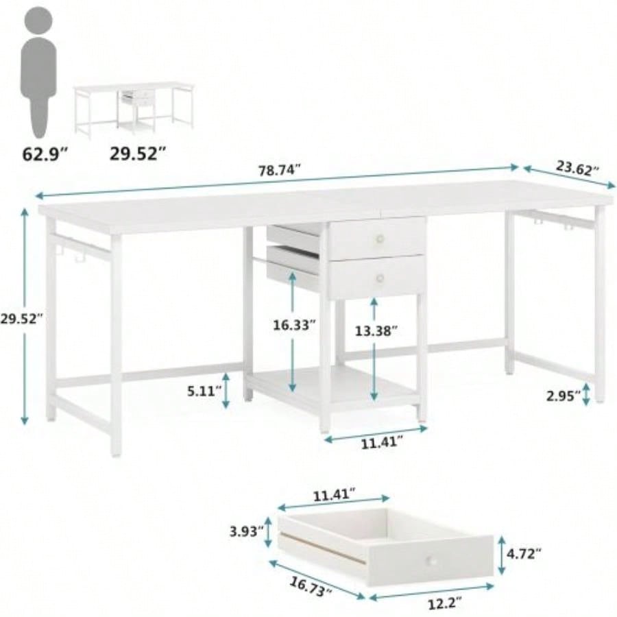 79 - Inch Two Person Computer Desk with Drawers and Storage Shelves, Long Double Workstation Table with Hooks, Industrial Writing Desk Home Office, White