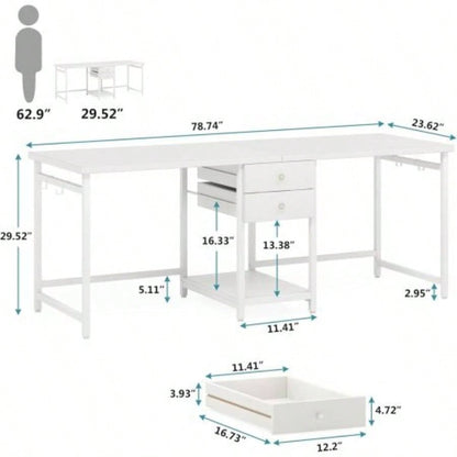 79 - Inch Two Person Computer Desk with Drawers and Storage Shelves, Long Double Workstation Table with Hooks, Industrial Writing Desk Home Office, White