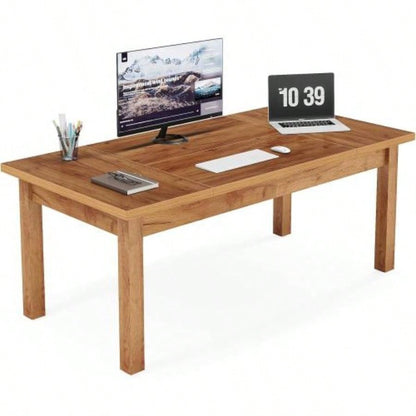 70 Inch Large Computer Desk, Farmhouse Office Desk Writing Study Desk with Solid Wood Legs, Executive Desk with Thickened Frame and Board