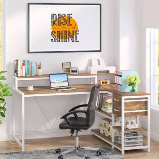55 - Inch L - Shaped Home Office Desk with Monitor Riser, Drawers, and Storage Shelves, Corner Computer Desk Small Spaces, Farmhouse Writing Table, Beige White