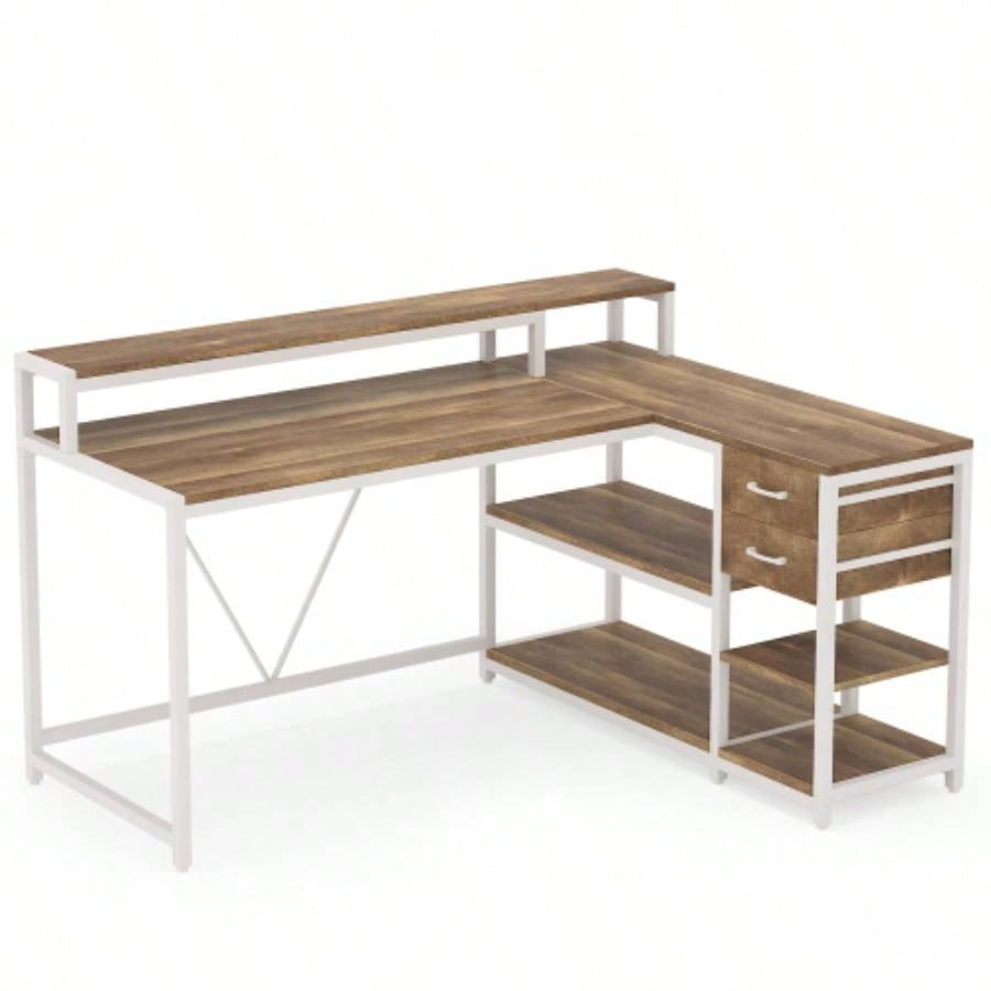 55 - Inch L - Shaped Home Office Desk with Monitor Riser, Drawers, and Storage Shelves, Corner Computer Desk Small Spaces, Farmhouse Writing Table, Beige White