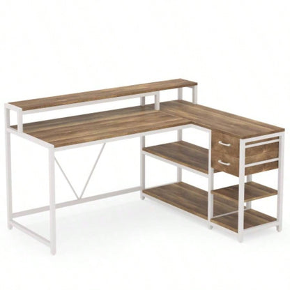 55 - Inch L - Shaped Home Office Desk with Monitor Riser, Drawers, and Storage Shelves, Corner Computer Desk Small Spaces, Farmhouse Writing Table, Beige White