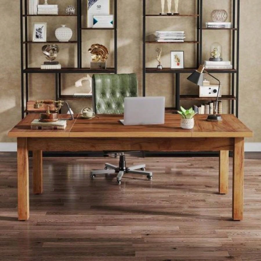 70 Inch Large Computer Desk, Farmhouse Office Desk Writing Study Desk with Solid Wood Legs, Executive Desk with Thickened Frame and Board