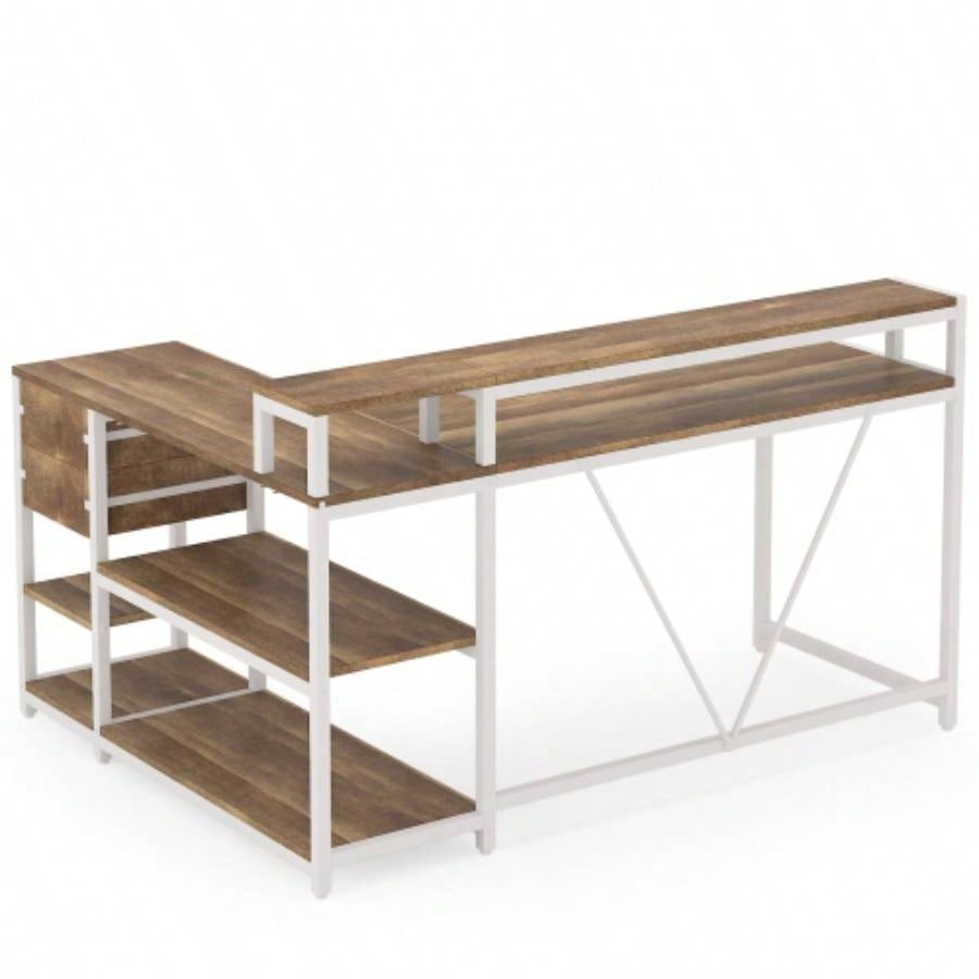 55 - Inch L - Shaped Home Office Desk with Monitor Riser, Drawers, and Storage Shelves, Corner Computer Desk Small Spaces, Farmhouse Writing Table, Beige White