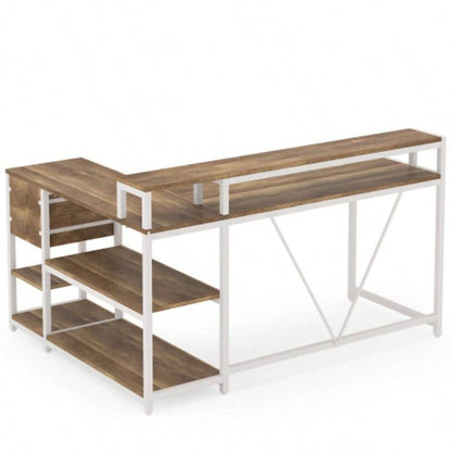 55 - Inch L - Shaped Home Office Desk with Monitor Riser, Drawers, and Storage Shelves, Corner Computer Desk Small Spaces, Farmhouse Writing Table, Beige White