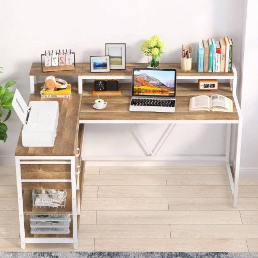 55 - Inch L - Shaped Home Office Desk with Monitor Riser, Drawers, and Storage Shelves, Corner Computer Desk Small Spaces, Farmhouse Writing Table, Beige White
