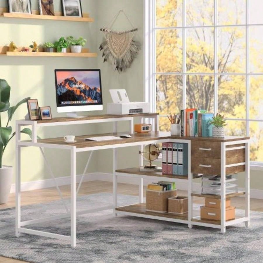 55 - Inch L - Shaped Home Office Desk with Monitor Riser, Drawers, and Storage Shelves, Corner Computer Desk Small Spaces, Farmhouse Writing Table, Beige White