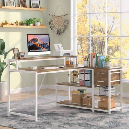 55 - Inch L - Shaped Home Office Desk with Monitor Riser, Drawers, and Storage Shelves, Corner Computer Desk Small Spaces, Farmhouse Writing Table, Beige White