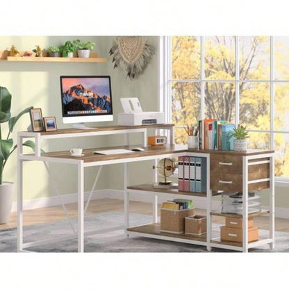 55 - Inch L - Shaped Home Office Desk with Monitor Riser, Drawers, and Storage Shelves, Corner Computer Desk Small Spaces, Farmhouse Writing Table, Beige White