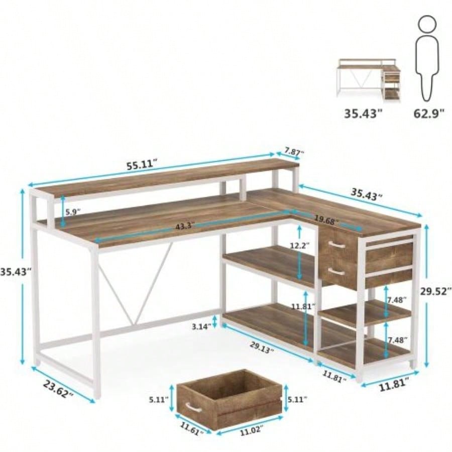 55 - Inch L - Shaped Home Office Desk with Monitor Riser, Drawers, and Storage Shelves, Corner Computer Desk Small Spaces, Farmhouse Writing Table, Beige White