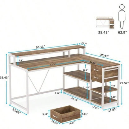 55 - Inch L - Shaped Home Office Desk with Monitor Riser, Drawers, and Storage Shelves, Corner Computer Desk Small Spaces, Farmhouse Writing Table, Beige White