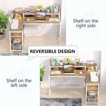 55 - Inch L - Shaped Home Office Desk with Monitor Riser, Drawers, and Storage Shelves, Corner Computer Desk Small Spaces, Farmhouse Writing Table, Beige White