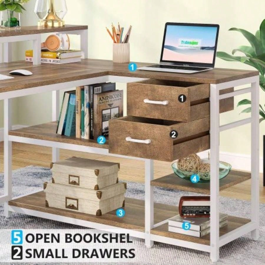 55 - Inch L - Shaped Home Office Desk with Monitor Riser, Drawers, and Storage Shelves, Corner Computer Desk Small Spaces, Farmhouse Writing Table, Beige White