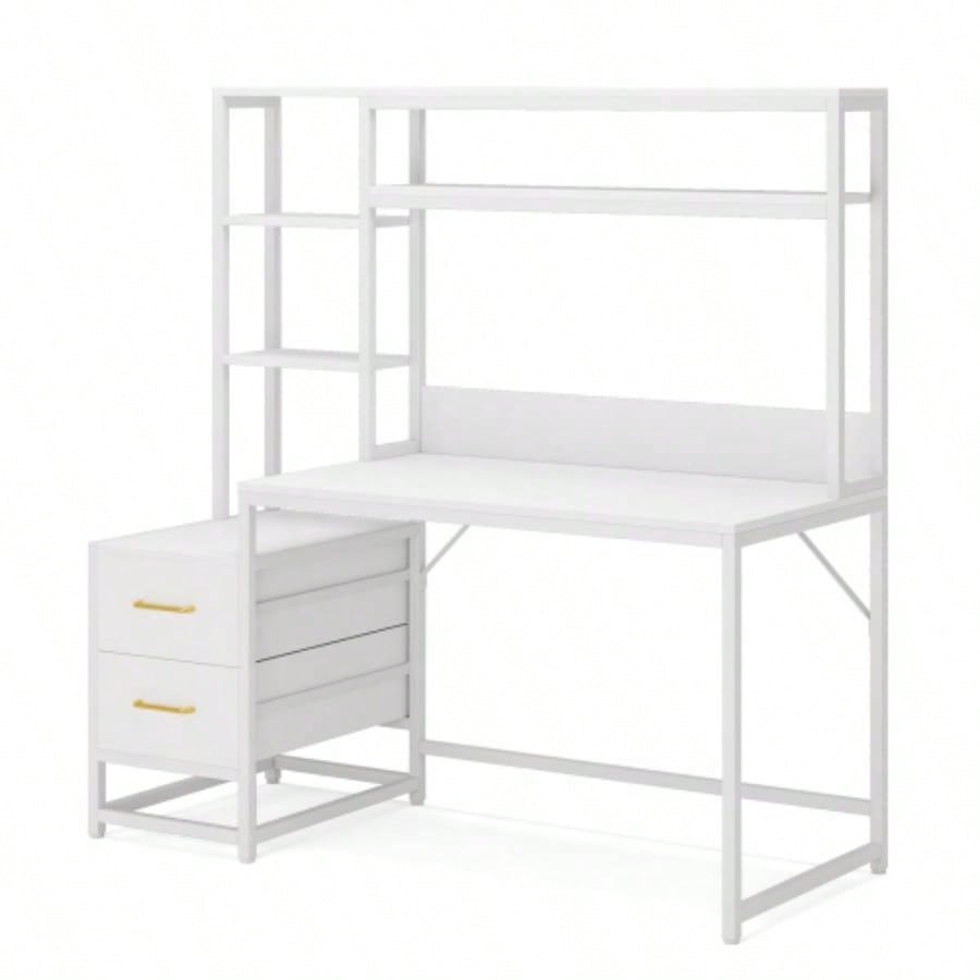 55 Inches White Computer Desk with Hutch, 2 Drawers Open Shelves - Modern Home Office Desk with Storage, Writing Gaming Workstation Study, Bedroom or Small Spaces