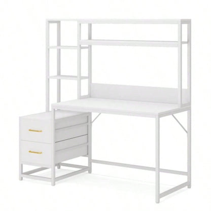 55 Inches White Computer Desk with Hutch, 2 Drawers Open Shelves - Modern Home Office Desk with Storage, Writing Gaming Workstation Study, Bedroom or Small Spaces