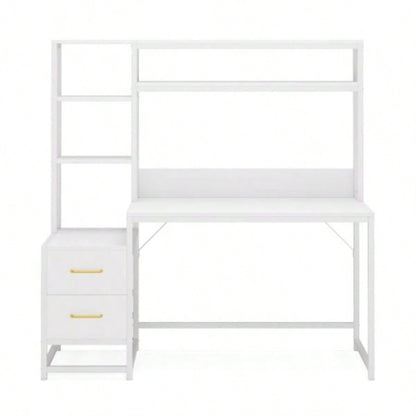 55 Inches White Computer Desk with Hutch, 2 Drawers Open Shelves - Modern Home Office Desk with Storage, Writing Gaming Workstation Study, Bedroom or Small Spaces