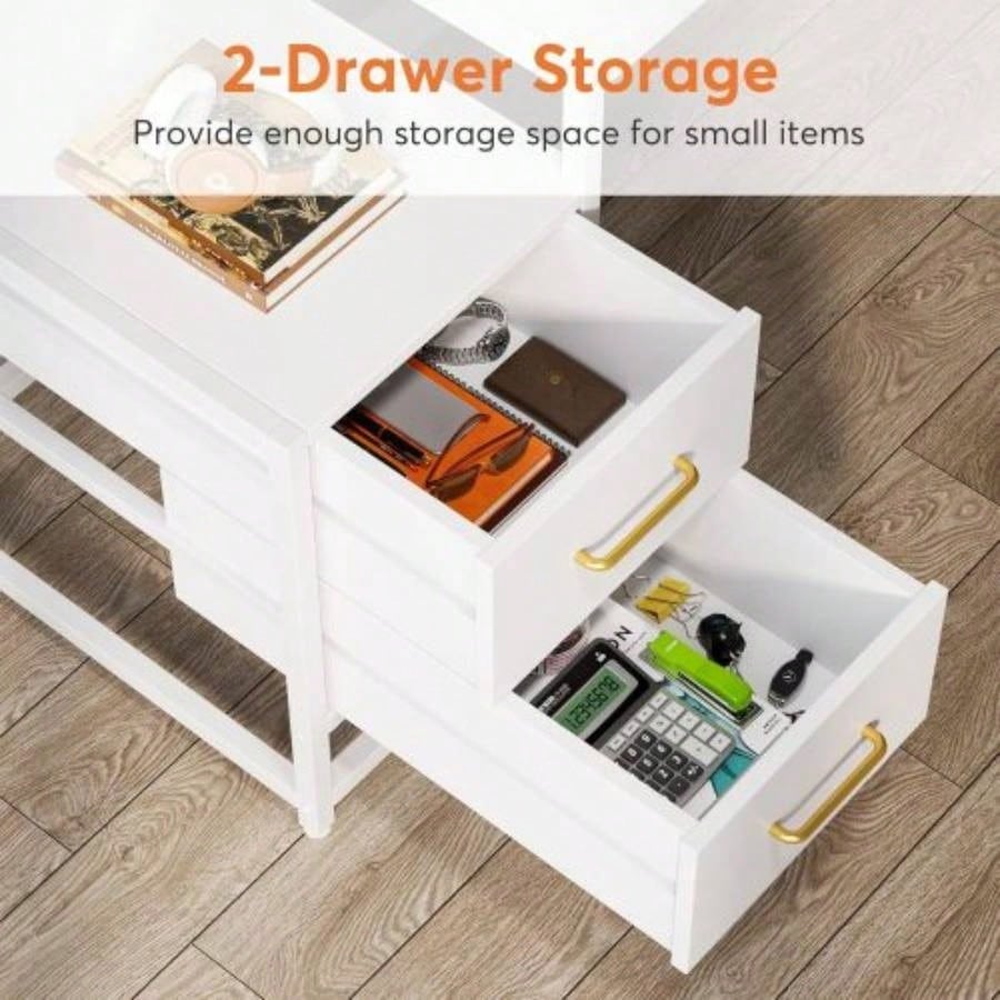 55 Inches White Computer Desk with Hutch, 2 Drawers Open Shelves - Modern Home Office Desk with Storage, Writing Gaming Workstation Study, Bedroom or Small Spaces