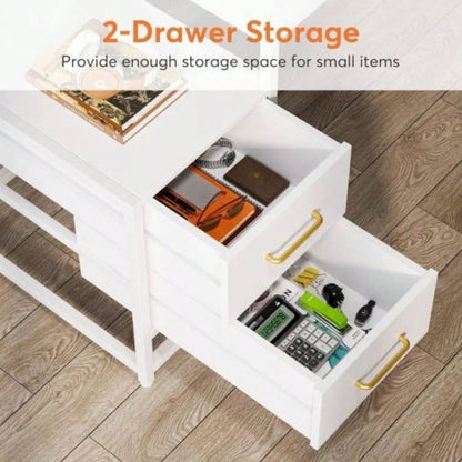 55 Inches White Computer Desk with Hutch, 2 Drawers Open Shelves - Modern Home Office Desk with Storage, Writing Gaming Workstation Study, Bedroom or Small Spaces