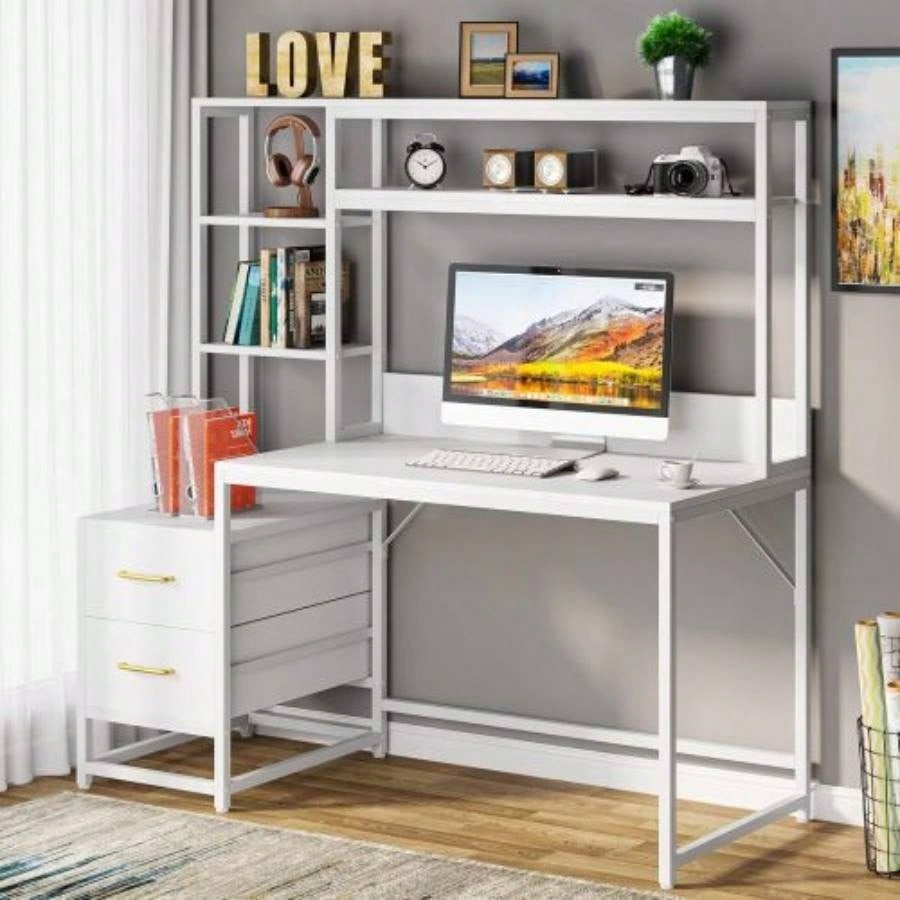 55 Inches White Computer Desk with Hutch, 2 Drawers Open Shelves - Modern Home Office Desk with Storage, Writing Gaming Workstation Study, Bedroom or Small Spaces