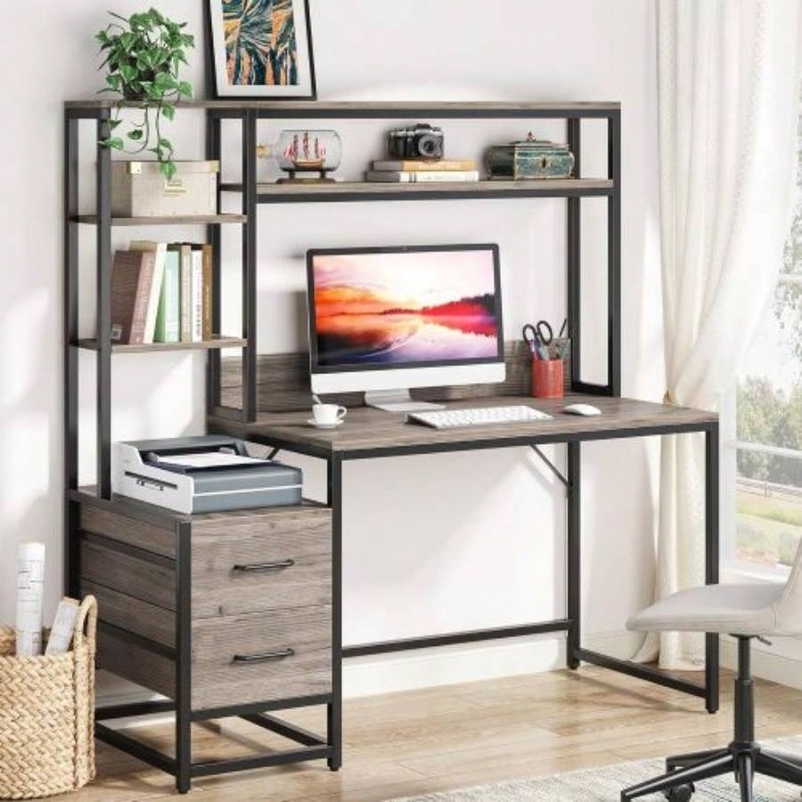 55 Inches Computer Desk with Hutch, 2 Drawers Open Shelves - Modern Home Office Desk with Storage, Writing Gaming Workstation Study, Bedroom or Small Spaces