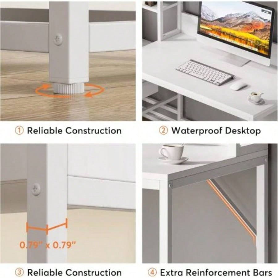 55 Inches White Computer Desk with Hutch, 2 Drawers Open Shelves - Modern Home Office Desk with Storage, Writing Gaming Workstation Study, Bedroom or Small Spaces