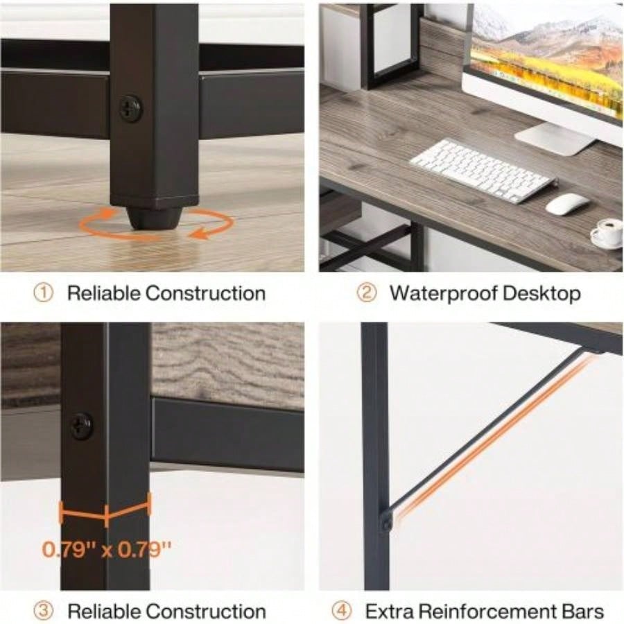 55 Inches Computer Desk with Hutch, 2 Drawers Open Shelves - Modern Home Office Desk with Storage, Writing Gaming Workstation Study, Bedroom or Small Spaces
