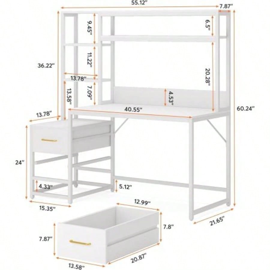 55 Inches White Computer Desk with Hutch, 2 Drawers Open Shelves - Modern Home Office Desk with Storage, Writing Gaming Workstation Study, Bedroom or Small Spaces