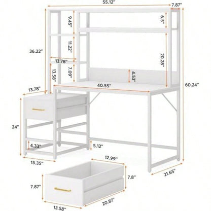55 Inches White Computer Desk with Hutch, 2 Drawers Open Shelves - Modern Home Office Desk with Storage, Writing Gaming Workstation Study, Bedroom or Small Spaces