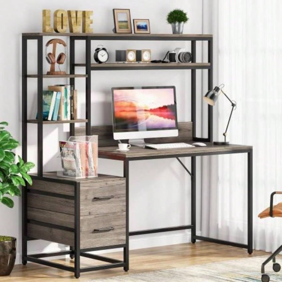 55 Inches Computer Desk with Hutch, 2 Drawers Open Shelves - Modern Home Office Desk with Storage, Writing Gaming Workstation Study, Bedroom or Small Spaces