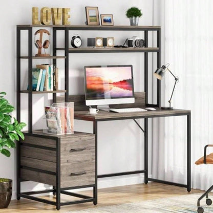 55 Inches Computer Desk with Hutch, 2 Drawers Open Shelves - Modern Home Office Desk with Storage, Writing Gaming Workstation Study, Bedroom or Small Spaces