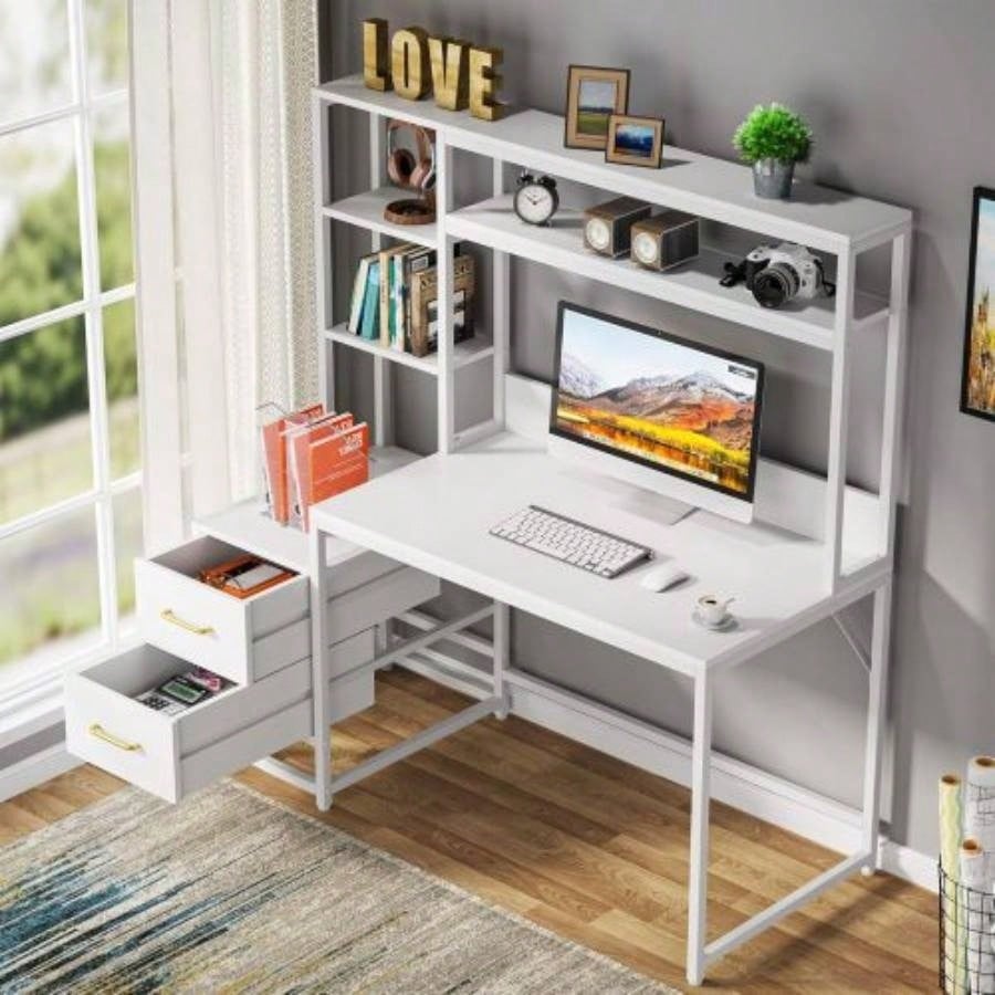 55 Inches White Computer Desk with Hutch, 2 Drawers Open Shelves - Modern Home Office Desk with Storage, Writing Gaming Workstation Study, Bedroom or Small Spaces