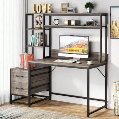 55 Inches Computer Desk with Hutch, 2 Drawers Open Shelves - Modern Home Office Desk with Storage, Writing Gaming Workstation Study, Bedroom or Small Spaces