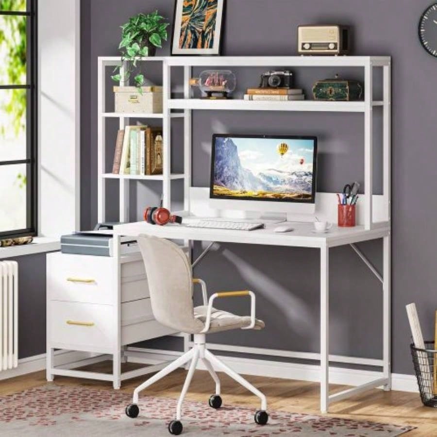 55 Inches White Computer Desk with Hutch, 2 Drawers Open Shelves - Modern Home Office Desk with Storage, Writing Gaming Workstation Study, Bedroom or Small Spaces