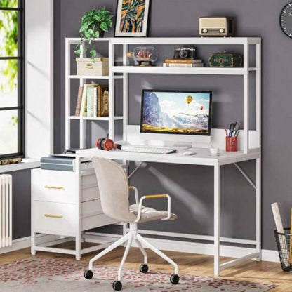 55 Inches White Computer Desk with Hutch, 2 Drawers Open Shelves - Modern Home Office Desk with Storage, Writing Gaming Workstation Study, Bedroom or Small Spaces