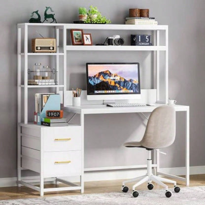 55 Inches Computer Desk with Hutch, 2 Drawers Open Shelves - Modern Home Office Desk with Storage, Writing Gaming Workstation Study, Bedroom or Small Spaces