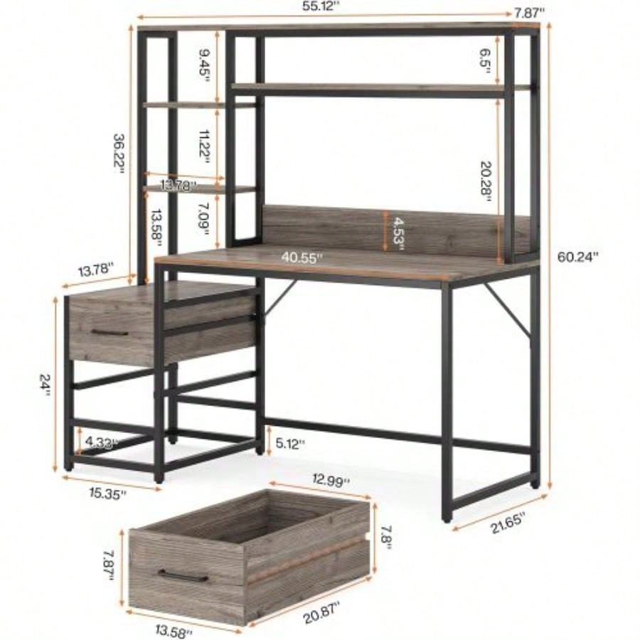 55 Inches Computer Desk with Hutch, 2 Drawers Open Shelves - Modern Home Office Desk with Storage, Writing Gaming Workstation Study, Bedroom or Small Spaces