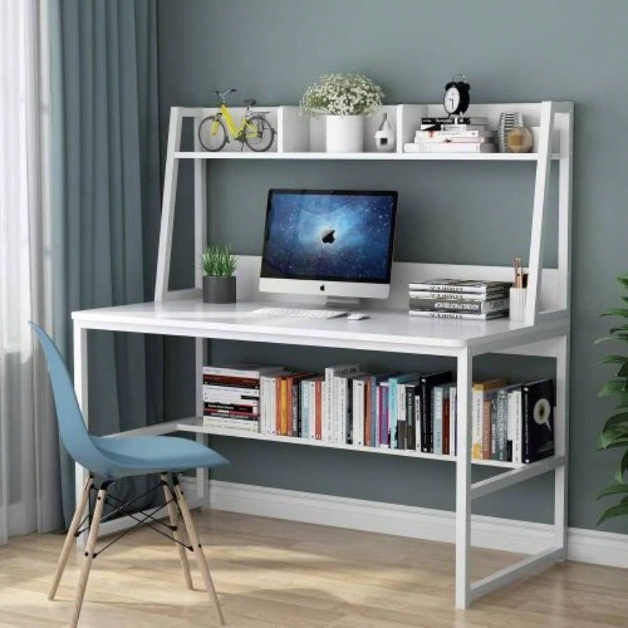 47 Computer Desk with Hutch and Bookshelf, Compact Home Office Desk Small Spaces, Writing Study Table with Storage, Modern Workstation Laptop 2 Monitors, White